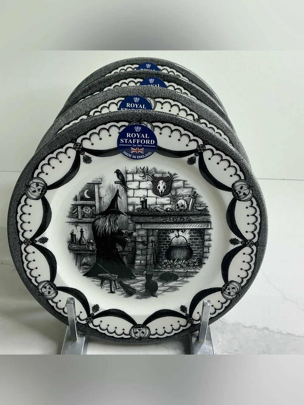 4 Royal Stafford Salad Plates HALLOWEEN HOME 8in Ceramic Spooky Boo New